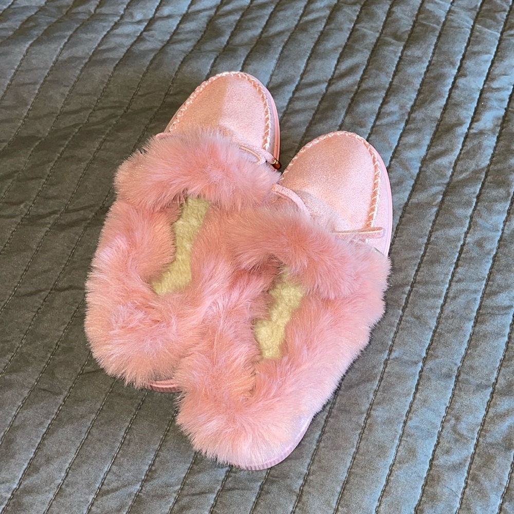 Pink fuzzy slippers